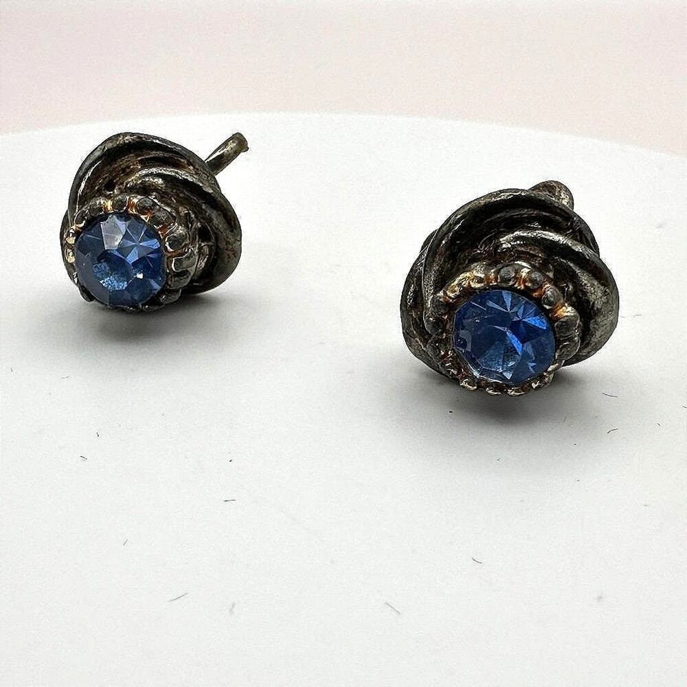 Vintage 90s Blue Glass Silver Tone Knot Earrings Classic Fashion Women's Jewelry